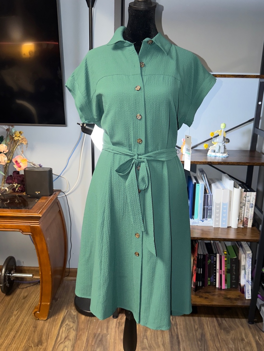 Calvin Klein Sage Green Button-Front Shirt Dress with Tie Waist